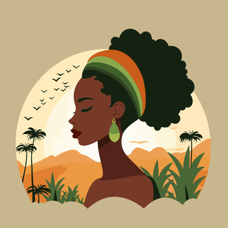 African american woman in nature. Vector illustration in flat style.のイラスト素材