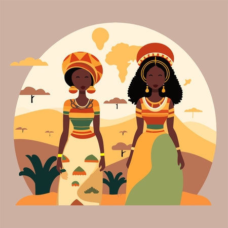 African women in traditional clothes. Vector illustration in a flat style.のイラスト素材
