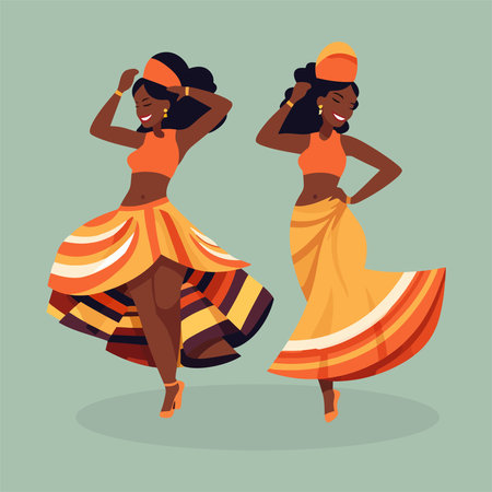 African American women in traditional clothes dancing. Vector illustration in flat styleのイラスト素材