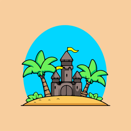 Castle on island with palm trees. Flat style vector illustration.のイラスト素材