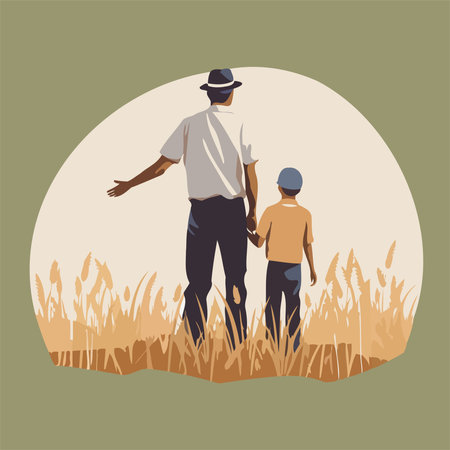 Father and son in wheat field. Vector illustration in flat style.のイラスト素材