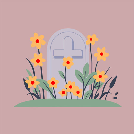Grave with flowers. Vector illustration in flat style. Flat design.のイラスト素材
