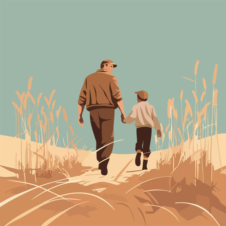 Father and son walking in the field. Vector illustration in retro style.のイラスト素材