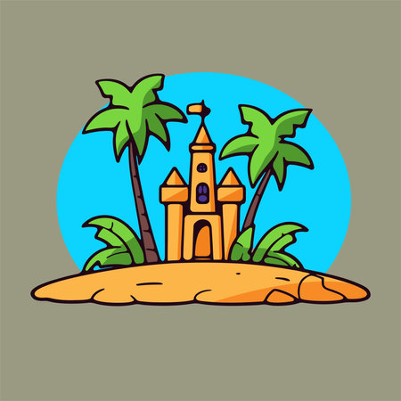 Tropical island with castle and palm trees. Vector illustration.のイラスト素材