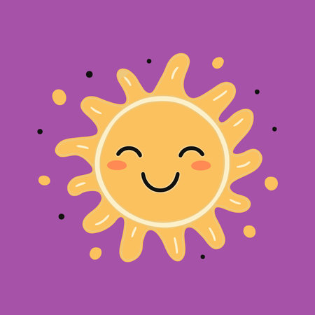 Cute smiling sun. Vector illustration in flat style on purple background.のイラスト素材