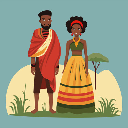 African american man and woman in traditional clothes. Vector illustration.のイラスト素材