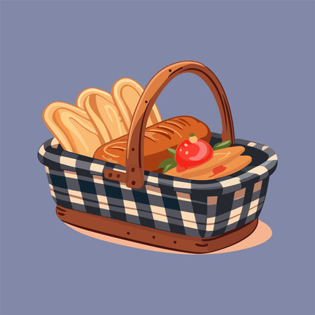 Basket with bread and sausage. Vector illustration in cartoon style.のイラスト素材