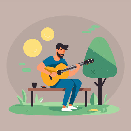 Man playing guitar in the park. Vector illustration in flat style.のイラスト素材