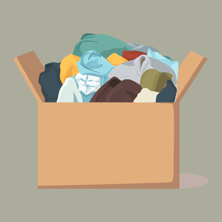 Cardboard box full of clothes. Vector illustration in flat style.のイラスト素材