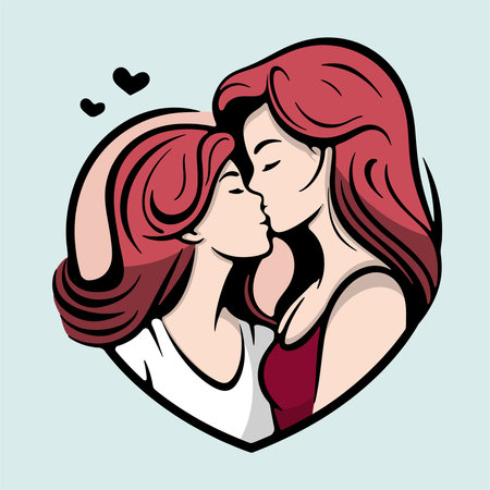 Vector illustration of lesbian couple kissing in a heart shape, isolated on blue backgroundのイラスト素材
