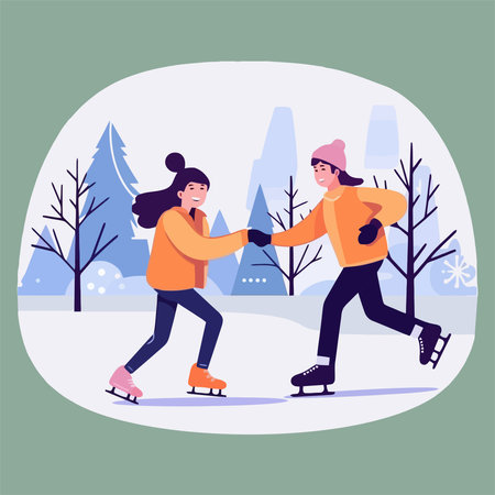 Couple skating in winter park. Vector illustration in flat style.のイラスト素材