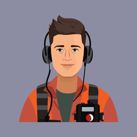 Young man with headphones and camera. Vector illustration in flat style.のイラスト素材