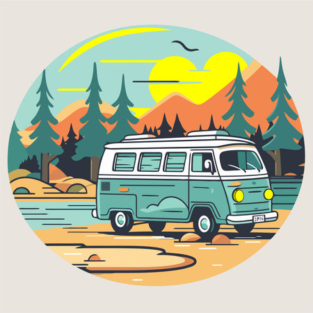 Vintage camper van in the forest. Vector illustration in flat styleのイラスト素材