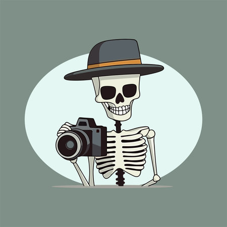 Skull in a hat with a photo camera. Vector illustration.