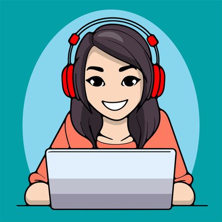 Young woman with headphones and laptop. Vector illustration in cartoon style.のイラスト素材