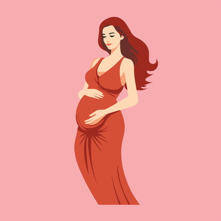 Pregnant woman in a red dress. Vector illustration in flat styleのイラスト素材