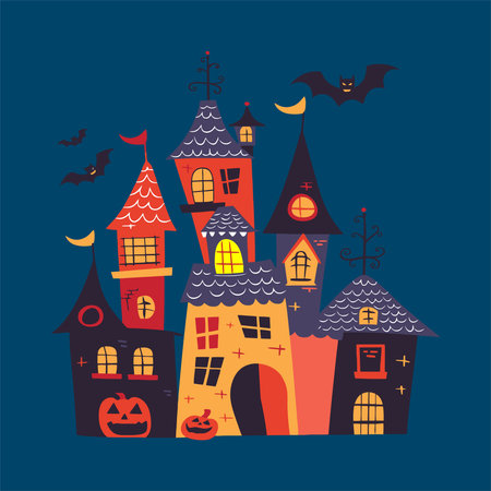 Halloween background with cute houses. Vector illustration for your design.のイラスト素材
