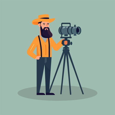 Cameraman with camera on tripod. Vector illustration in flat styleのイラスト素材