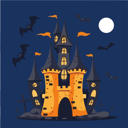 Halloween vector illustration with castle, bats and castle on dark blue background.のイラスト素材