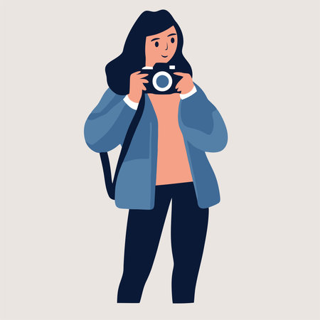 Young woman taking photo with camera. Vector illustration in flat style.