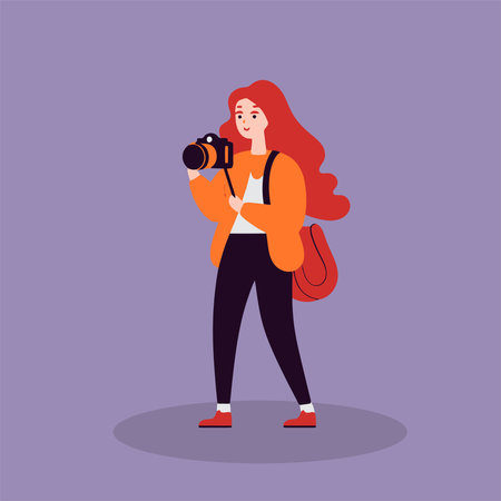 Female photographer with camera. Vector illustration in a flat style on a purple background.のイラスト素材