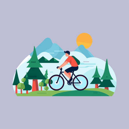 Cyclist riding bicycle in the forest. Vector illustration in flat styleのイラスト素材