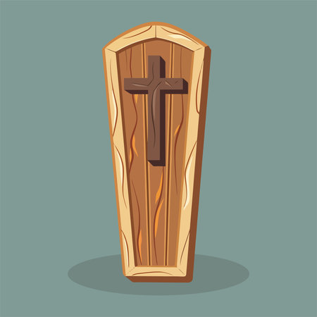 Wooden coffin with a cross. Vector illustration in cartoon style.のイラスト素材