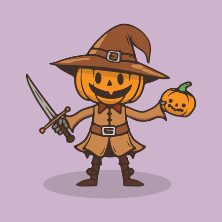 Halloween witch with a pumpkin and a sword. Vector illustration.のイラスト素材