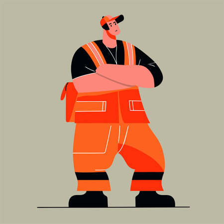 Vector illustration of a construction worker in orange overalls and helmet.のイラスト素材