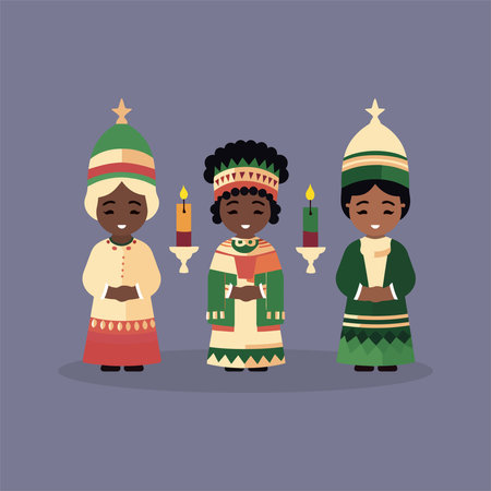 Cute african american boys and girls in traditional clothes. Vector illustrationのイラスト素材
