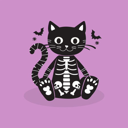 Cute cat with bones on a purple background. Vector illustration.のイラスト素材
