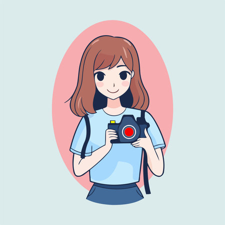Young woman with camera. Vector illustration in a flat style on a blue background.のイラスト素材
