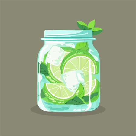 Mojito in glass jar with mint, lime and ice. Vector illustrationのイラスト素材