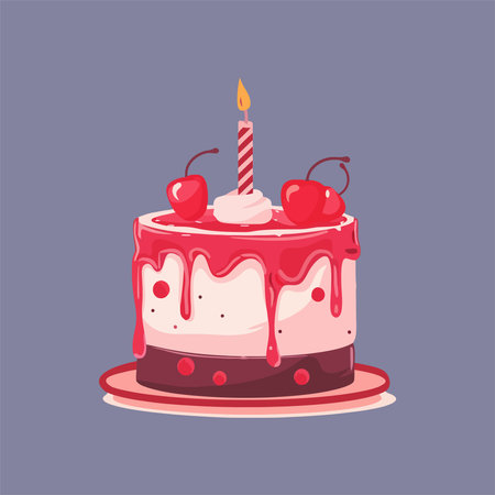 Birthday cake with cherries and candle. Vector illustration in cartoon styleのイラスト素材
