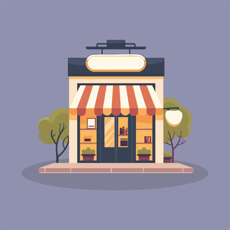 Flat design vector illustration concept of a small business building with awning and restaurant.のイラスト素材