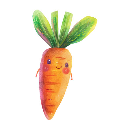 Cute cartoon carrot with green leaves isolated on white background. Watercolor illustration.のイラスト素材