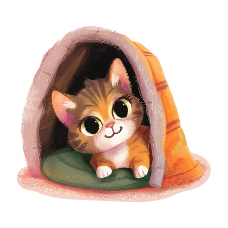 Cute cartoon kitten in a cat house. Watercolor illustration.のイラスト素材
