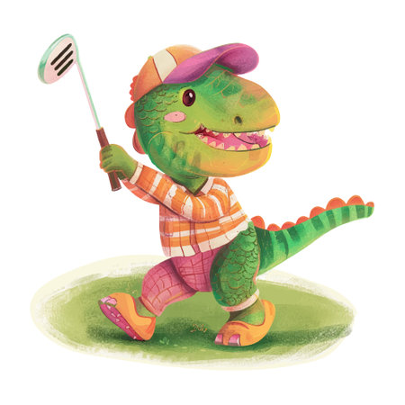 cute crocodile playing golf, watercolor illustration on white backgroundのイラスト素材