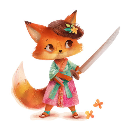 Watercolor illustration of a cute fox in a kimono with a swordのイラスト素材