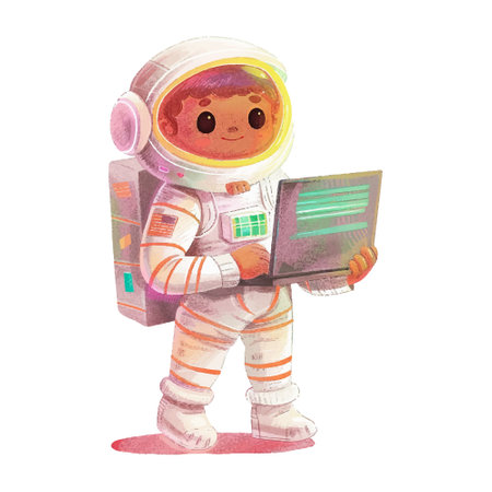 Cute little astronaut with laptop. Watercolor illustration isolated on white backgroundのイラスト素材