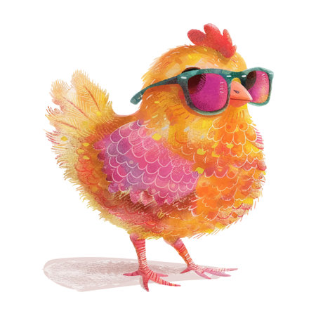 Cute watercolor chicken with sunglasses isolated on a white background.のイラスト素材