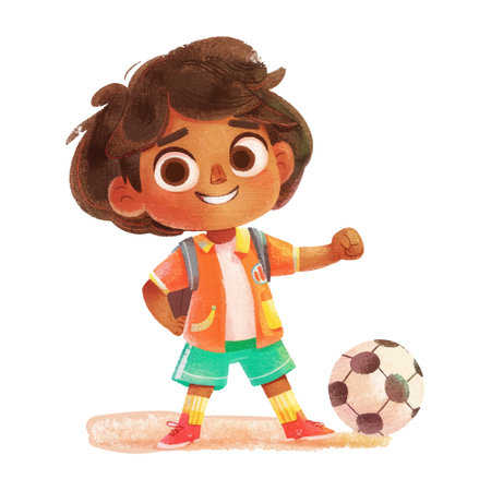 Cute boy with a soccer ball. Watercolor hand drawn illustrationのイラスト素材