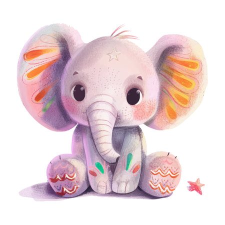 Cute cartoon elephant with a candle. Hand drawn watercolor illustrationのイラスト素材
