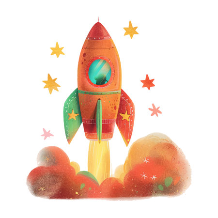Watercolor rocket isolated on white background. Hand drawn illustration for kids designのイラスト素材