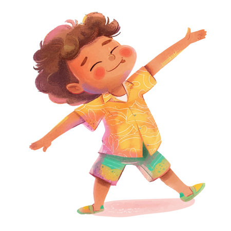 Cute little girl with curly hair in a yellow shirt and shorts.のイラスト素材