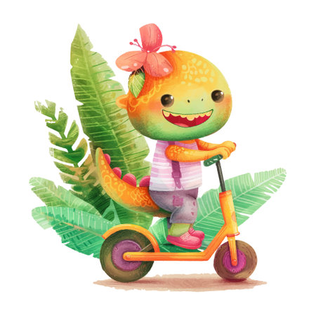 Watercolor illustration of a cute dinosaur riding a scooter, isolated on white backgroundのイラスト素材