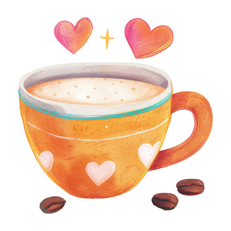 Coffee cup with hearts and coffee beans. Watercolor illustrationのイラスト素材