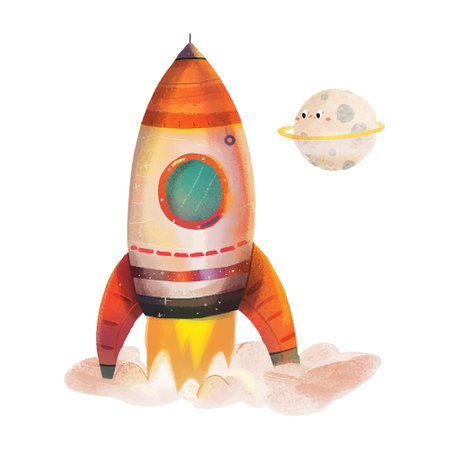 Watercolor space rocket with planets on a white background. Vector illustrationのイラスト素材