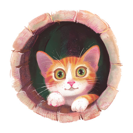 Cute cat in a hole. Hand drawn watercolor illustration.のイラスト素材