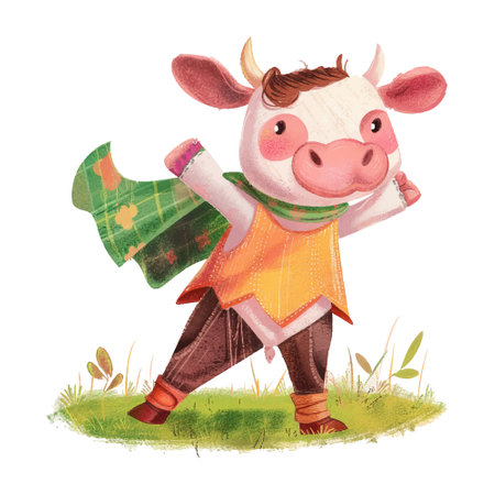 Watercolor illustration of a cute cow in a farmer costume with a bagのイラスト素材